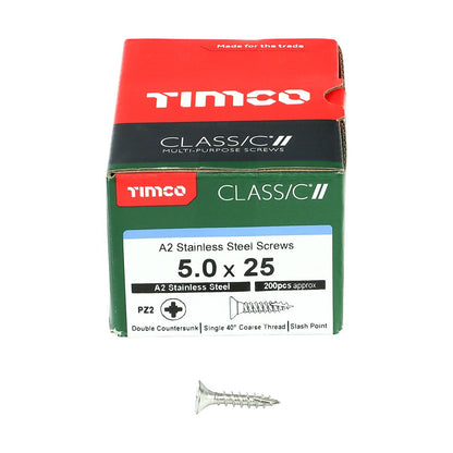 TIMCO Classic Screw PZ2 CSK A2 SS 5.0 x 25 Pack 200