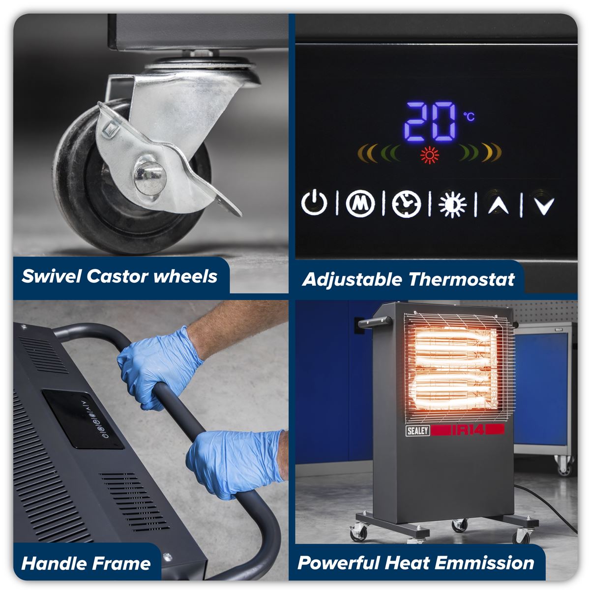 Sealey IR14 Infrared Cabinet Heater 1.4/2.8kW 230V | 1400/2800W, 230V-13A, Thermostat, Timer, Adjustable | Powder coated metal cabinet with two ruby