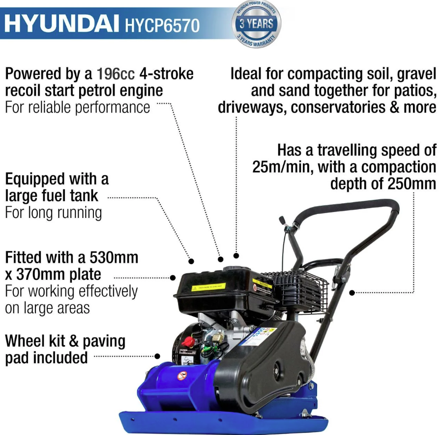 Hyundai HYCP6570 196cc Petrol Plate Compactor / Wacker Plate 60kg with Wheel Kit, Paving Pad & 250 mm Compaction Depth