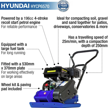 Hyundai HYCP6570 196cc Petrol Plate Compactor / Wacker Plate 60kg with Wheel Kit, Paving Pad & 250 mm Compaction Depth
