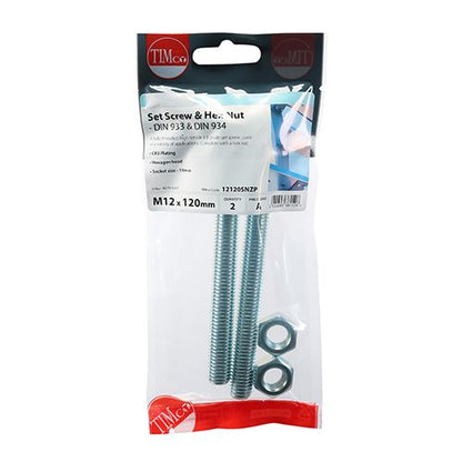 TIMCO Set Screw & Hex Nut - BZP M12 x 120 Silver Pack 2