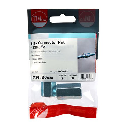 TIMCO Connector Nut DIN 6334 - BZP M10 Silver Pack 2