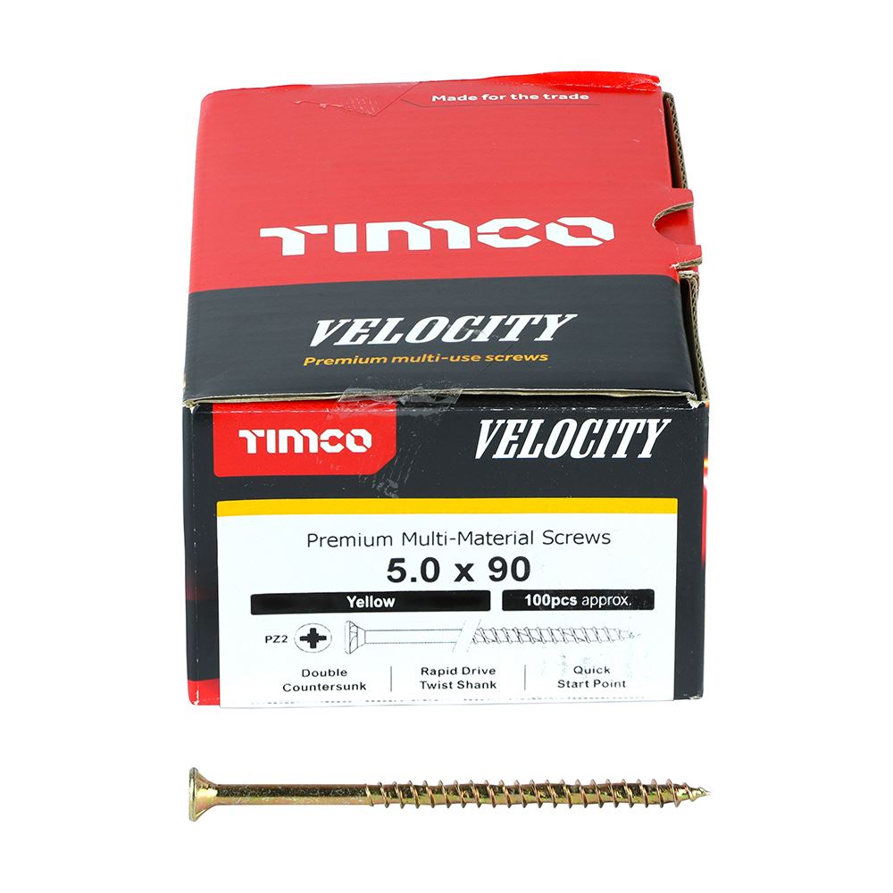 TIMCO Velocity Screw PZ2 CSK ZYP 5.0 x 90 Gold Pack 100