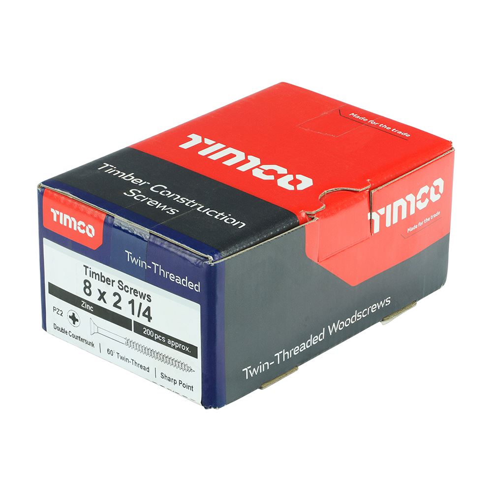 TIMCO Twin Woodscrew PZ2 CSK Zinc 8 x 2 1/4 Silver Pack 200