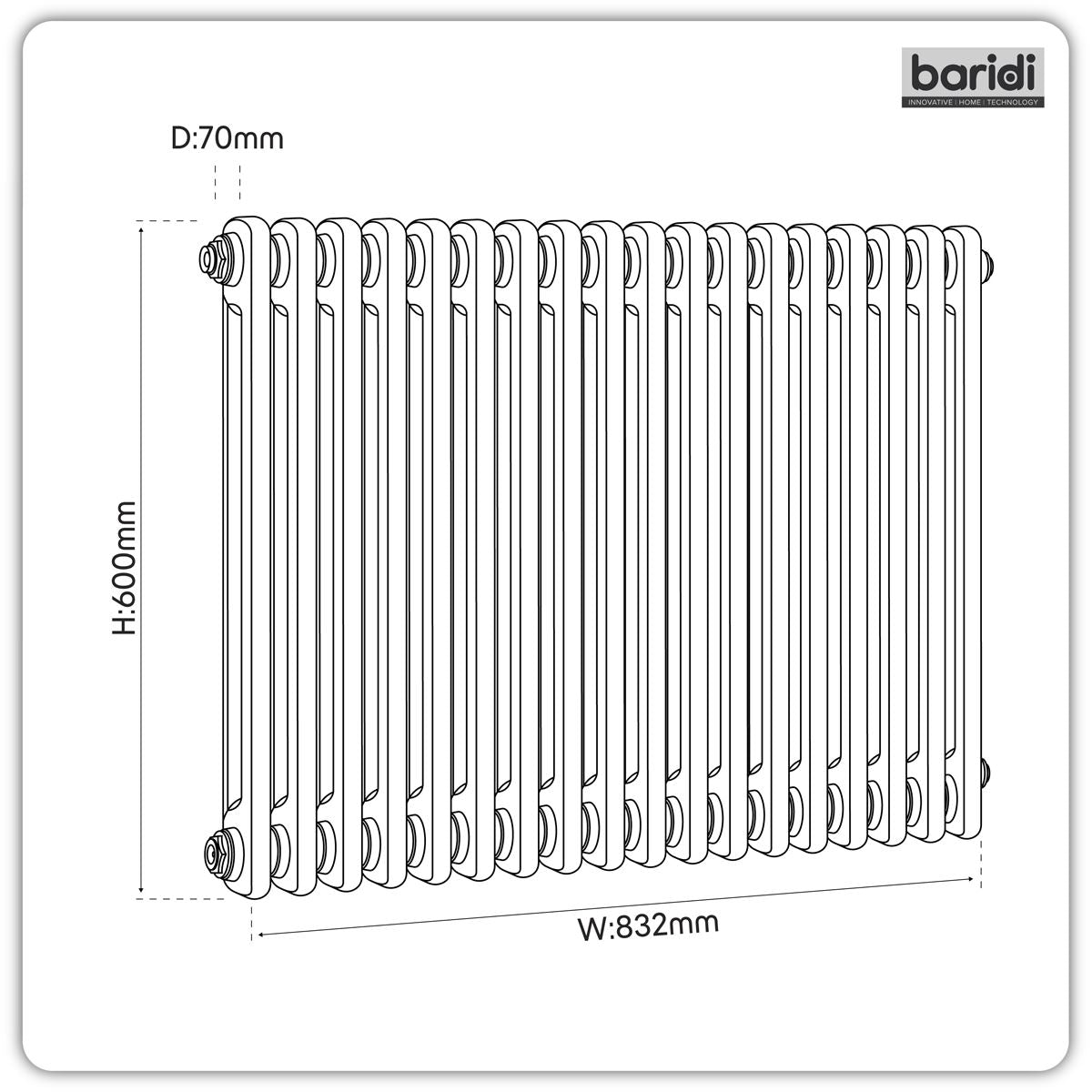 Baridi DH363 Horizontal Traditional 2 Column Radiator 600 x 832mm - Black | Steel | Horizontal traditional two column radiator delivers a BTU output