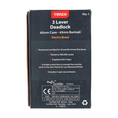TIMCO 3 Lever Deadlock E. Brass 65mm Pack 1