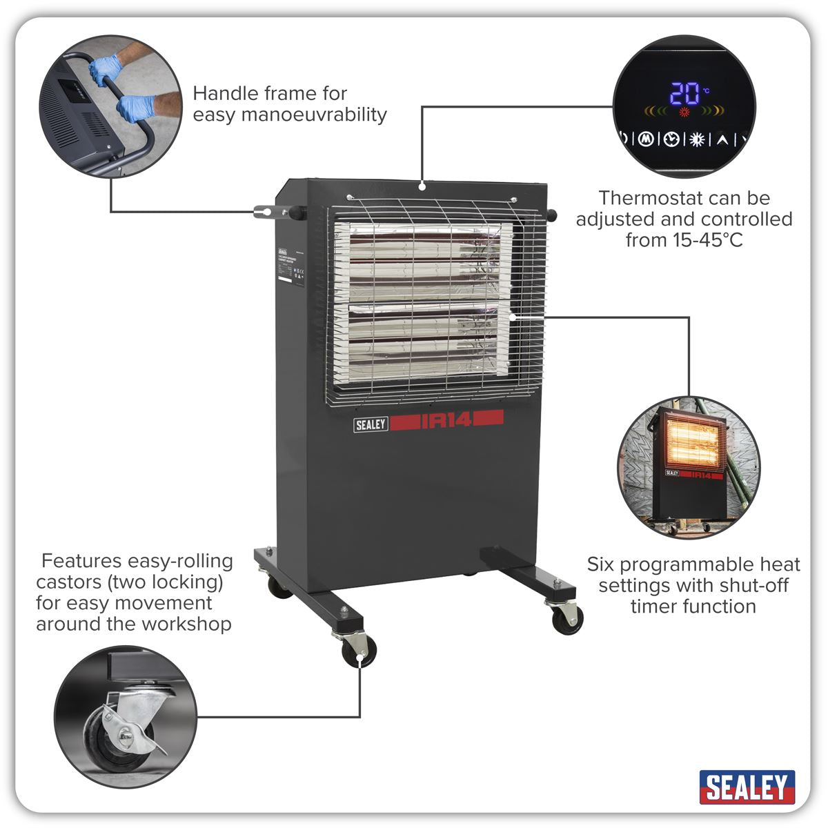 Sealey IR14 Infrared Cabinet Heater 1.4/2.8kW 230V | 1400/2800W, 230V-13A, Thermostat, Timer, Adjustable | Powder coated metal cabinet with two ruby