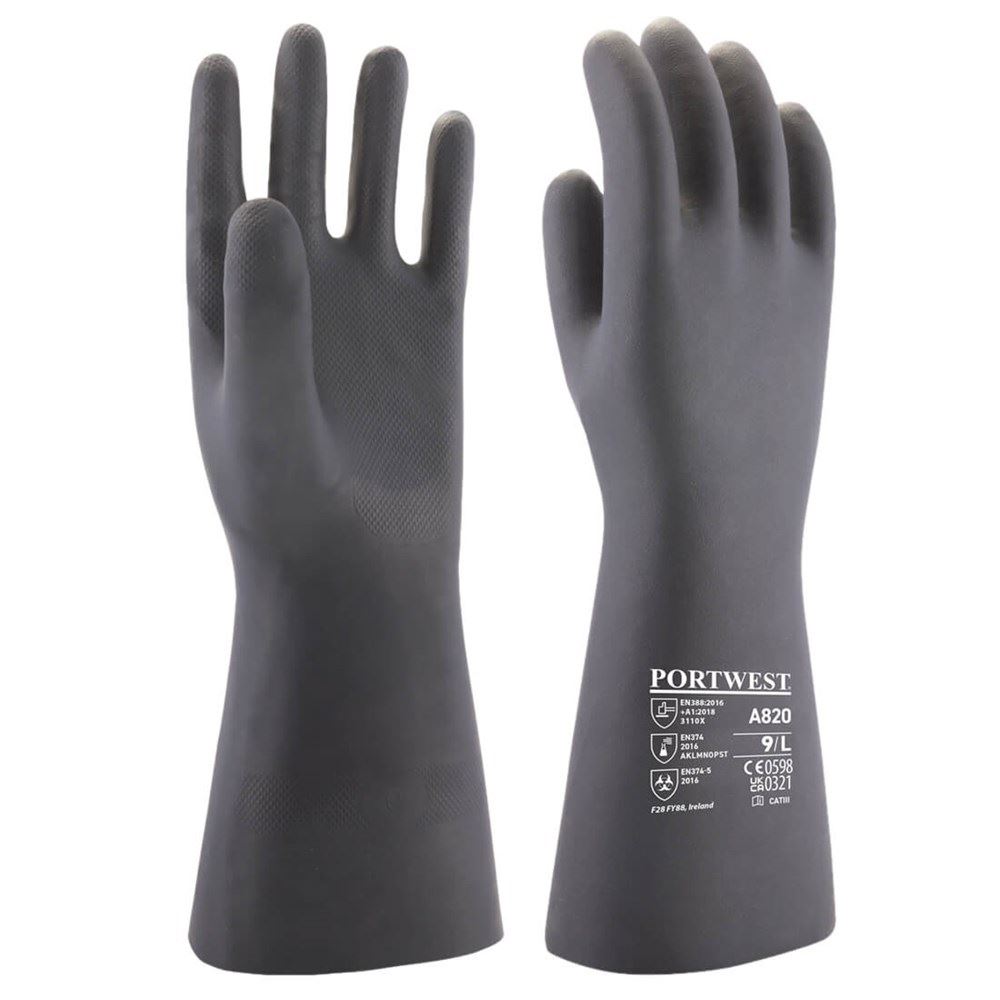 Portwest A820BKRL -  sz L Neoprene Chemical Gauntlet - Black