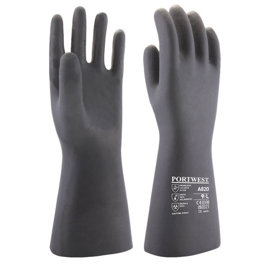 Portwest A820BKRL -  sz L Neoprene Chemical Gauntlet - Black