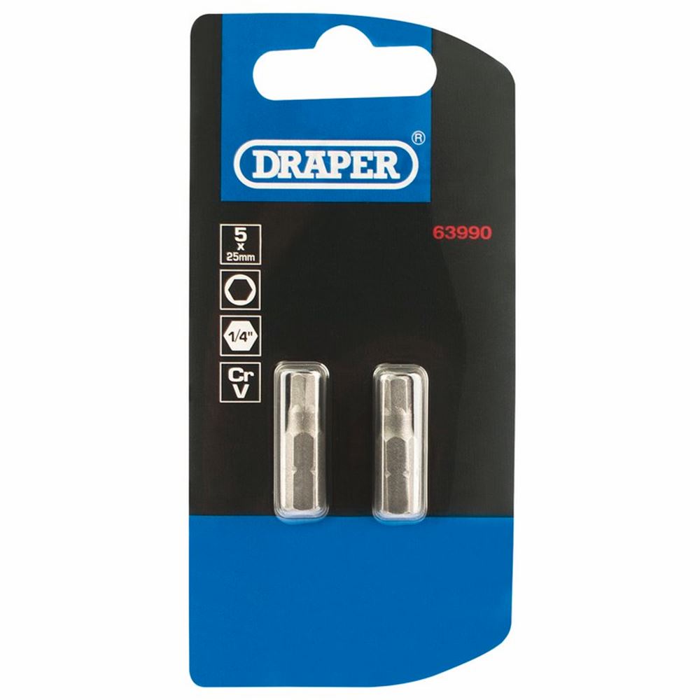 Draper 2PC 25MM 5.0MM HEX S/D BIT 63990 1/4" hex. Hexagonal E Shank Insert Bits