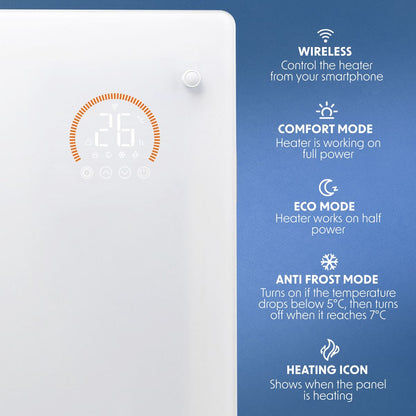 Baridi DH138 Electric Glass Panel Heater, 1500W, Thermostat Controlled 24Hr 7 Day Timer, Wi-Fi Enabled, Remote Control, White | 230V 50Hz