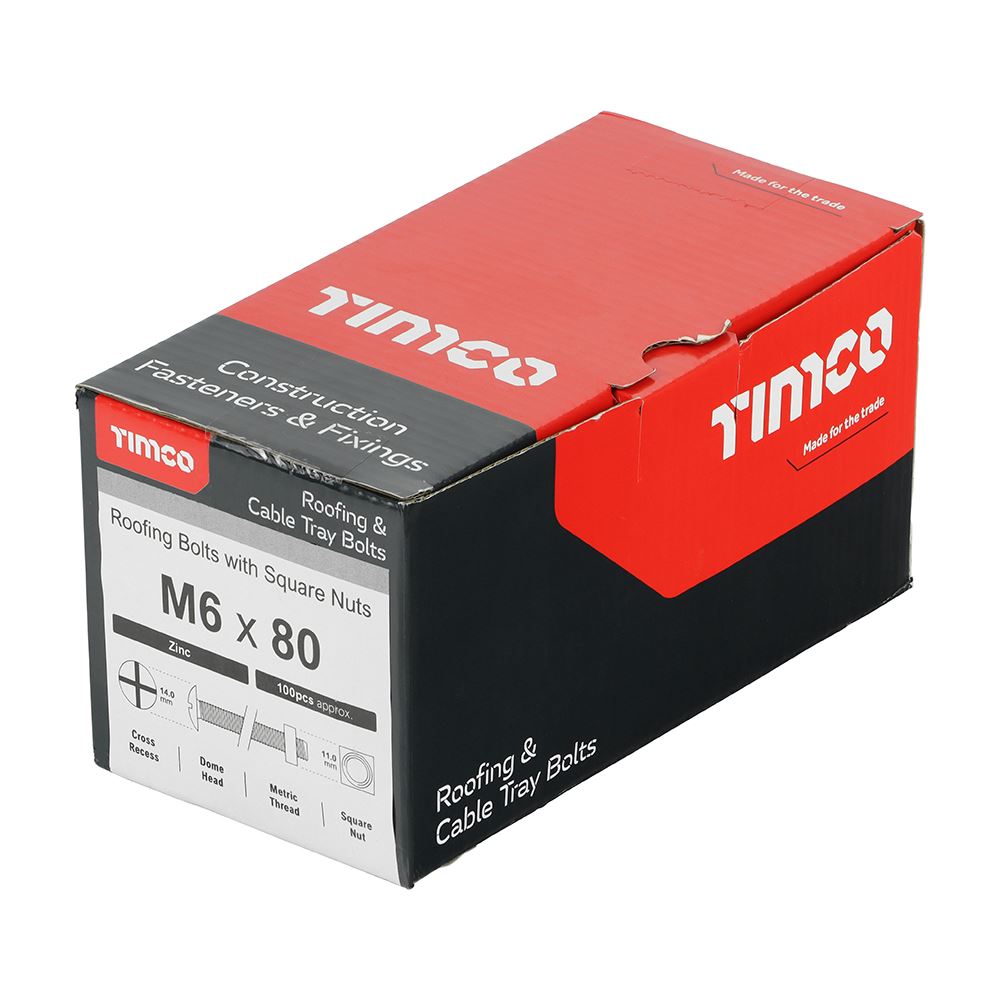 TIMCO Roofing Bolt & SQ Nut Zinc M6 x 80 Silver Pack 100