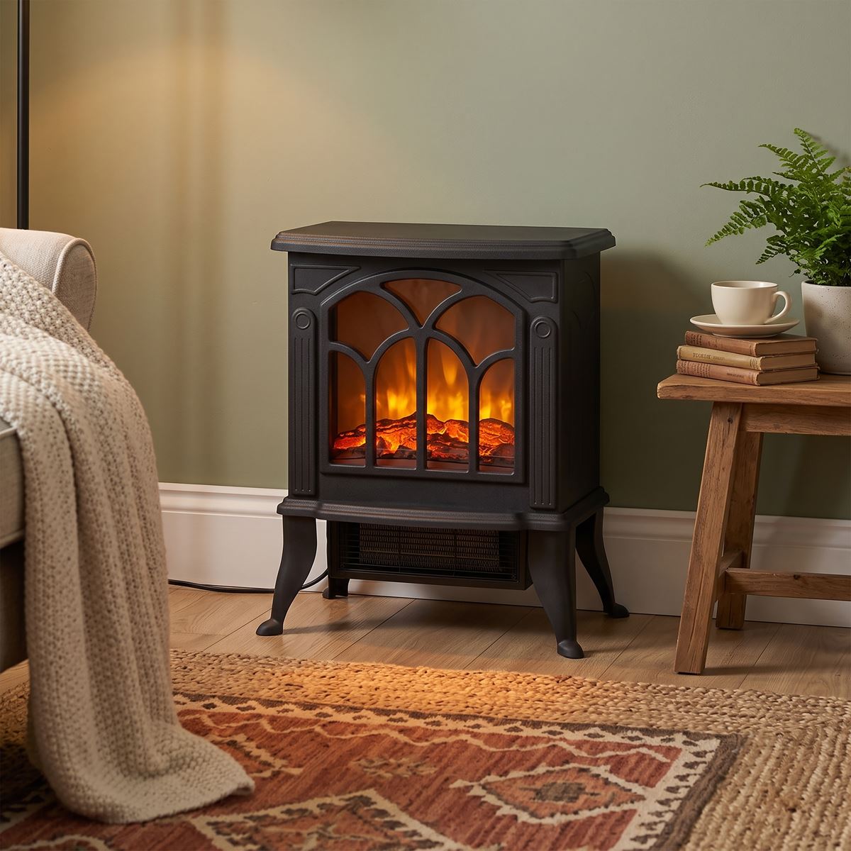 Baridi DH121 Electric Stove Heater Fireplace with LED Log Flame Effect 1800W - Black | 230V~ 50Hz, Thermostat, Tip-Over Switch, LED Flame Effect