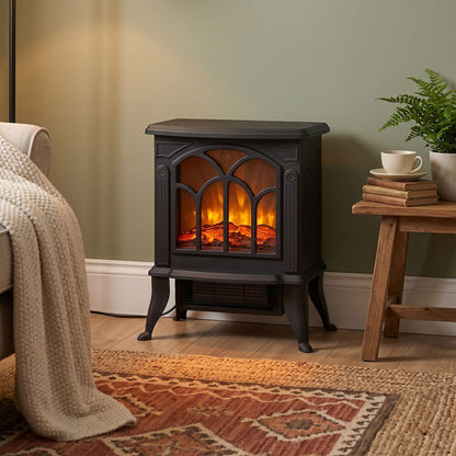Baridi DH121 Electric Stove Heater Fireplace with LED Log Flame Effect 1800W - Black | 230V~ 50Hz, Thermostat, Tip-Over Switch, LED Flame Effect