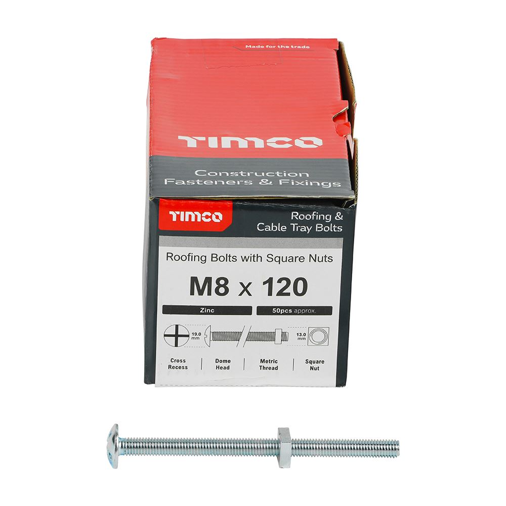 TIMCO Roofing Bolt & SQ Nut Zinc M8 x 120 Silver Pack 50