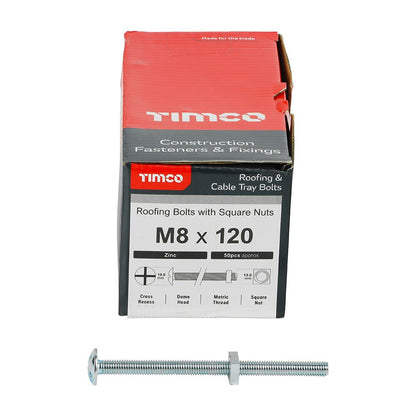 TIMCO Roofing Bolt & SQ Nut Zinc M8 x 120 Silver Pack 50