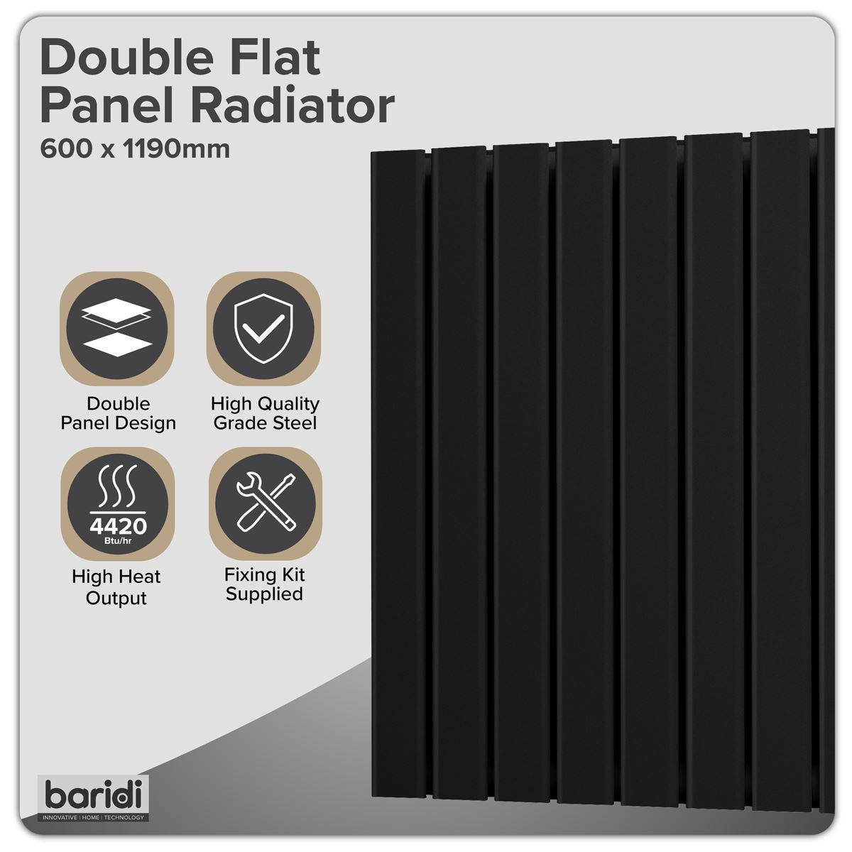 Baridi DH347 Horizontal Radiator Contemporary Double Flat Panel Design 600 x 1190mm - Black | Steel | Horizontal flat panel design delivers a BTU