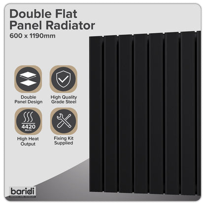 Baridi DH347 Horizontal Radiator Contemporary Double Flat Panel Design 600 x 1190mm - Black | Steel | Horizontal flat panel design delivers a BTU