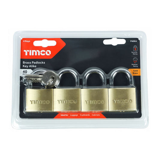 TIMCO Brass Padlock x 4 (Key Alike) 40mm Pack 4