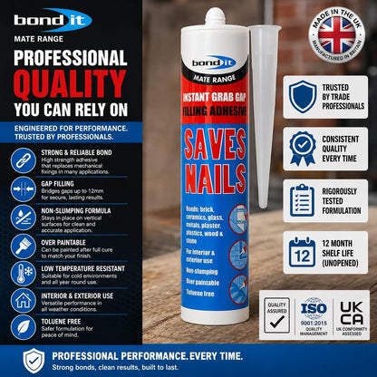 Bond It Saves Nails Solvent Free Grab Adhesive – High Strength Gap Filling Construction Adhesive for Wood, Brick, Concrete and Plasterboard