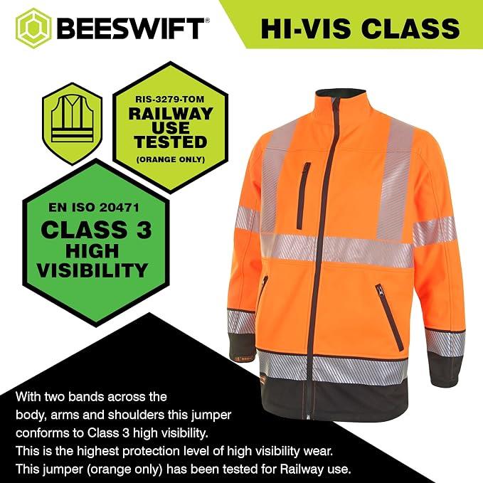 Beeswift Deltic Hi Vis Softshell Jacket Colour Size Options Windproof Breathable Fleece Backed Workwear with Reflective Tape and Zipped Pockets