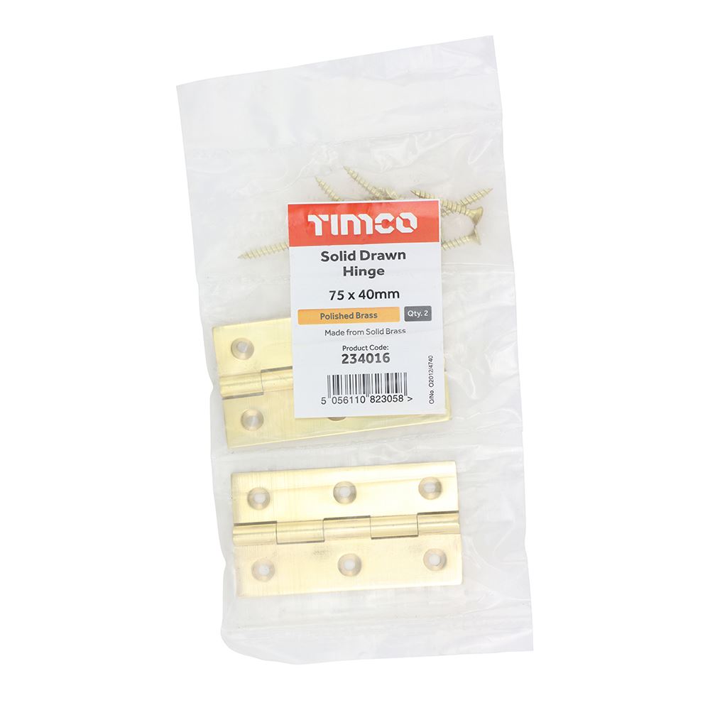TIMCO Solid Drawn Hinge P/Brass 75 x 40 Pack 2