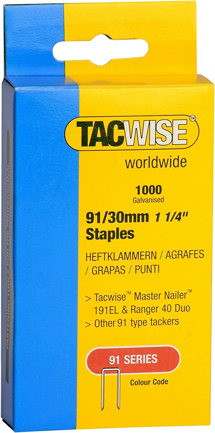 Tacwise 0286 Type 91 30 mm Type 91 Narrow Crown Staples Galvanised Pack of 1000 for Nail Staple Guns Trade Fixing
