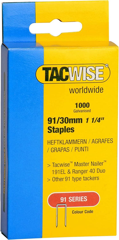 Tacwise 0286 Type 91 30 mm Type 91 Narrow Crown Staples Galvanised Pack of 1000 for Nail Staple Guns Trade Fixing