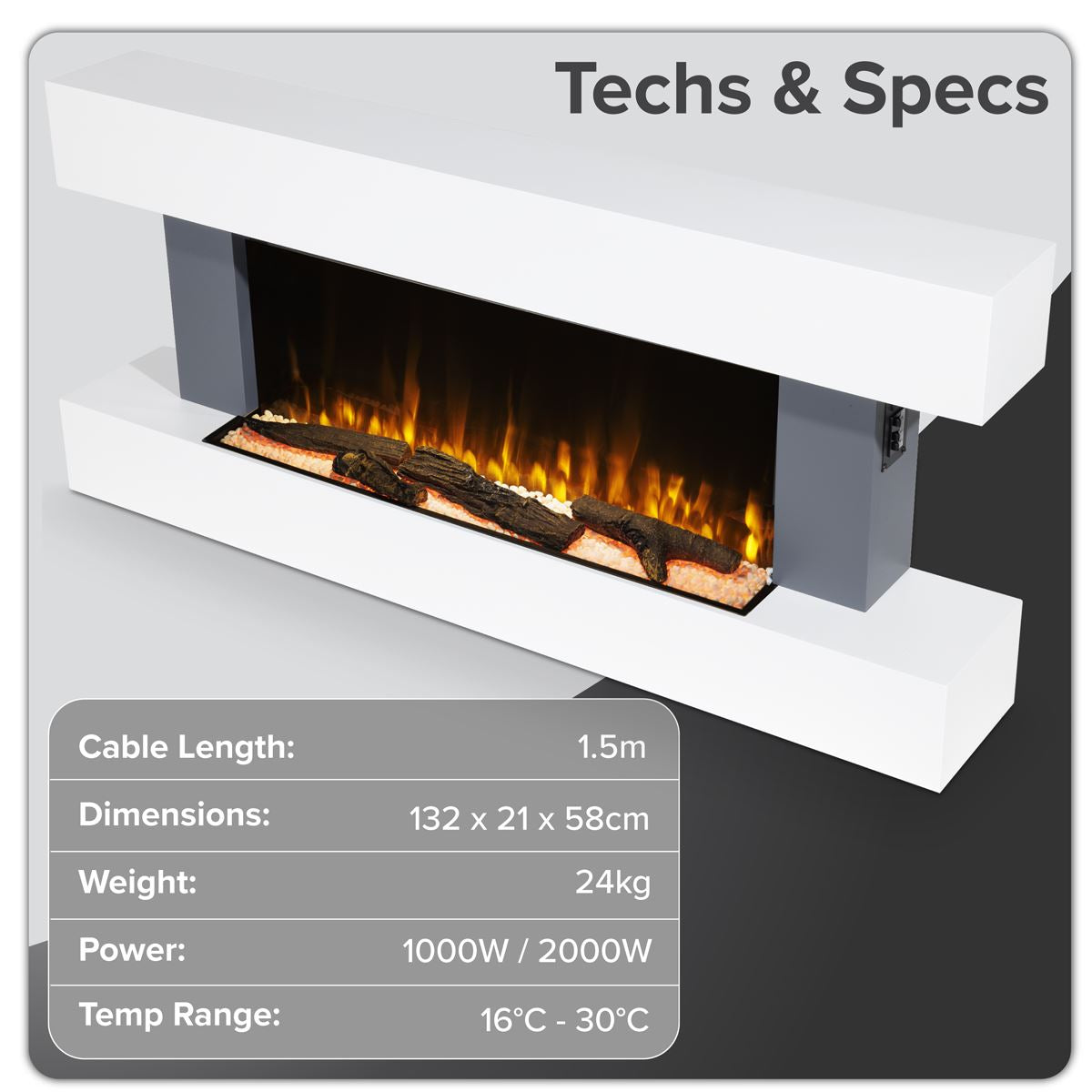 Baridi DH112 Wall Mounting Electric Fireplace with LED Flame Effect 52" - Grey | 230V~50Hz, Timer, Remote Control | Create a relaxing and cozy space