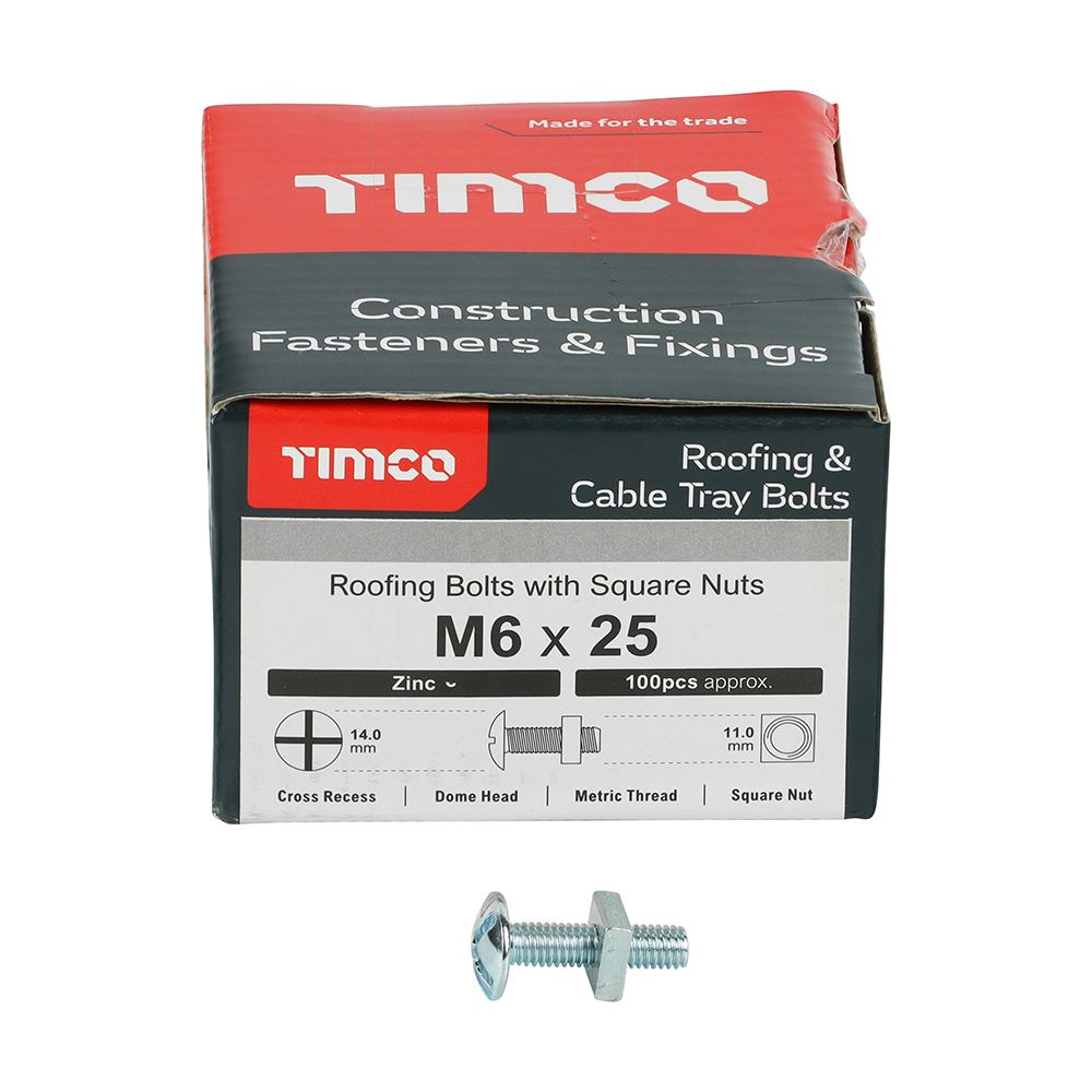 TIMCO Roofing Bolt & SQ Nut Zinc M6 x 25 Silver Pack 100