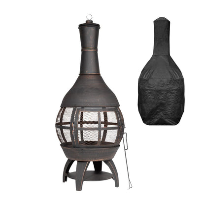 Dellonda DG241 Deluxe 360° Chiminea/Fire Pit/Outdoor Heater with Fire Poker & Water-Resistant Drawstring Cover - Antique Bronze Finish - DG241 | Water