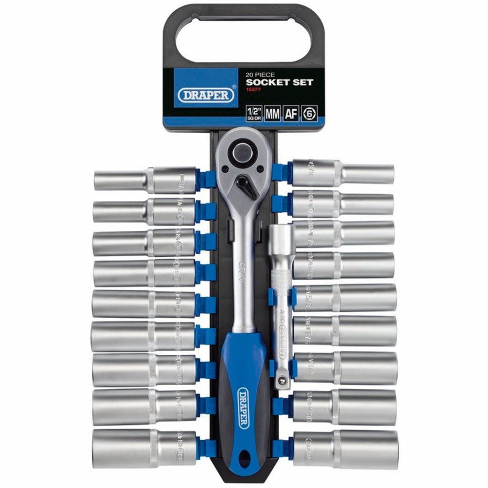 Draper 20PC 1/2 SOCKET SET P/RACK 16377 1/2" Sq. Dr. Combined MM/AF Deep Socket and Ratchet Set (20 Piece)