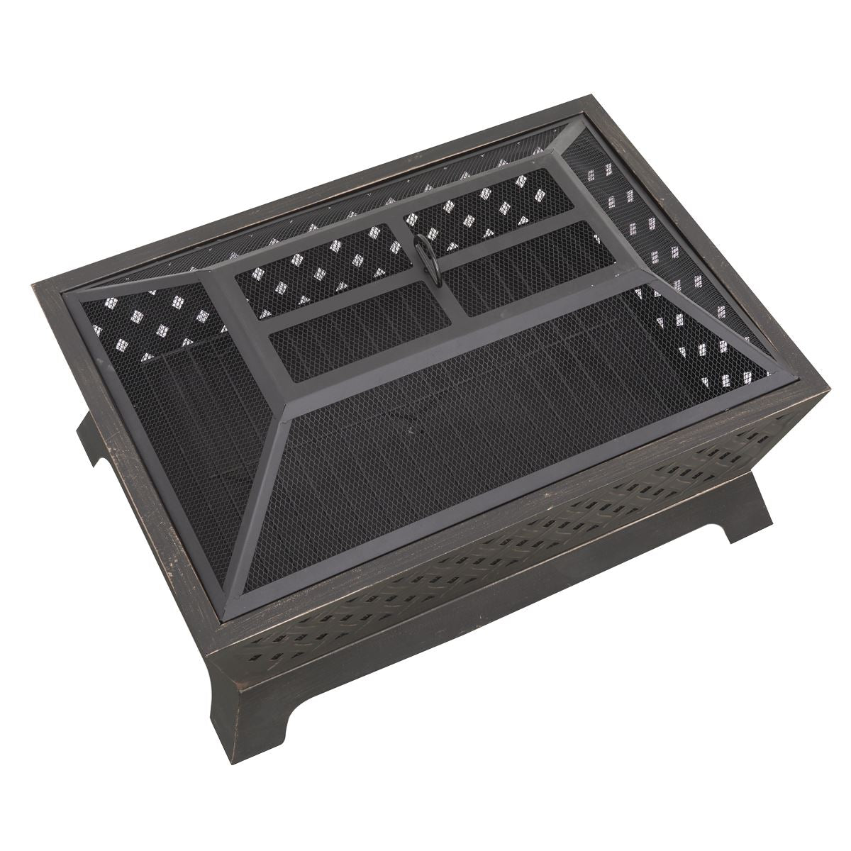 Dellonda DG44 89cm Rectangular Outdoor Fire Pit, Antique Bronze Effect | Safety Screen | Contemporary style rectangular fire pit is perfect for