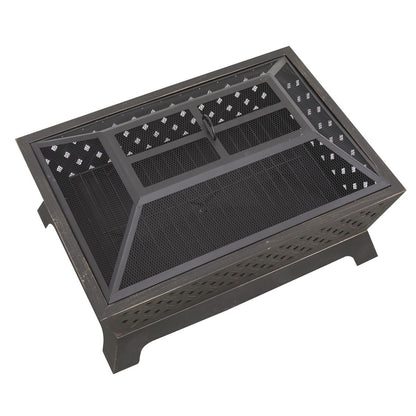 Dellonda DG44 89cm Rectangular Outdoor Fire Pit, Antique Bronze Effect | Safety Screen | Contemporary style rectangular fire pit is perfect for