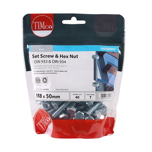 TIMCO Set Screw & Hex Nut - BZP M8 x 50 Silver Pack 40