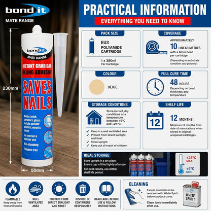 Bond It Saves Nails Solvent Free Grab Adhesive – High Strength Gap Filling Construction Adhesive for Wood, Brick, Concrete and Plasterboard
