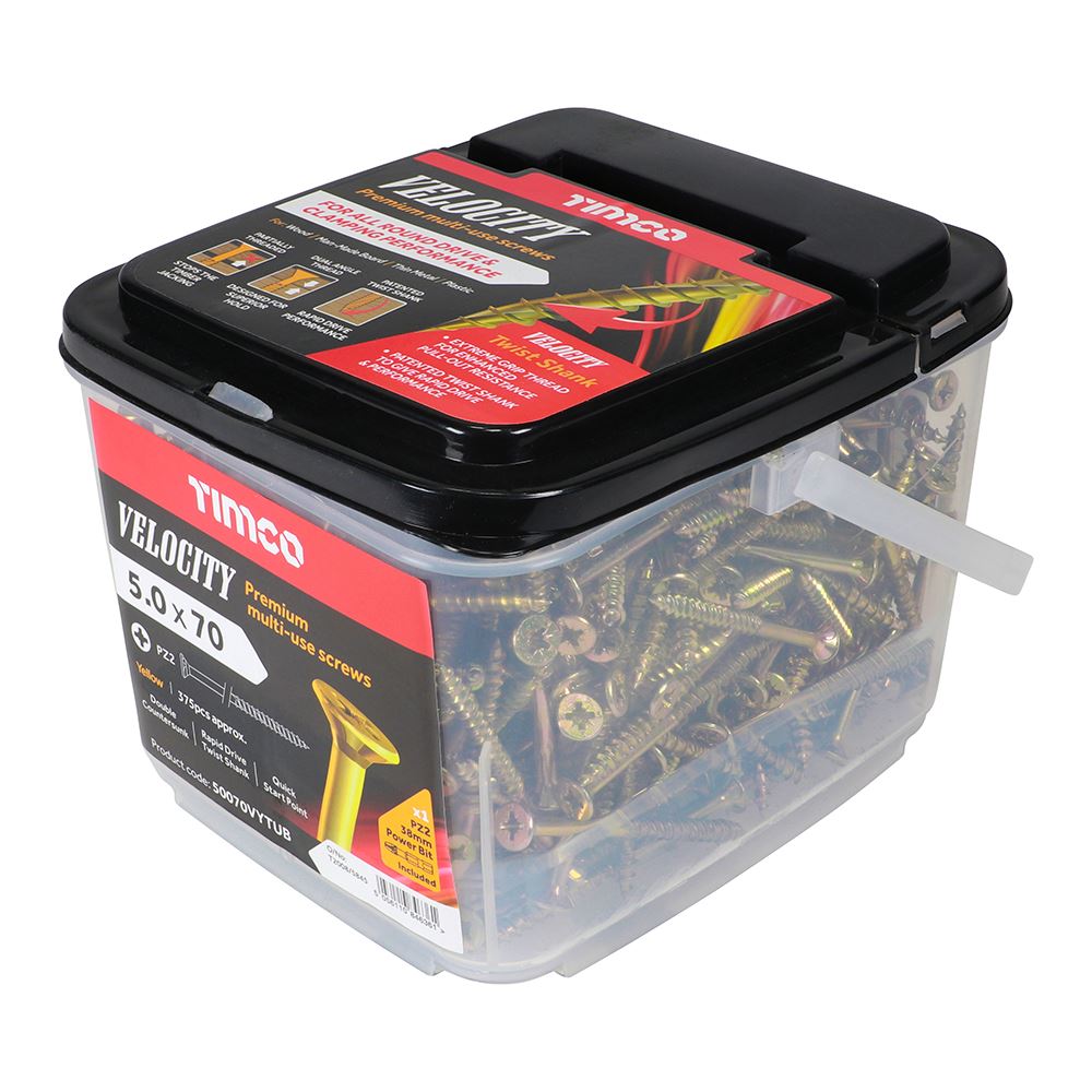 TIMCO Velocity Screw PZ2 CSK ZYP 5.0 x 70 Gold Pack 375