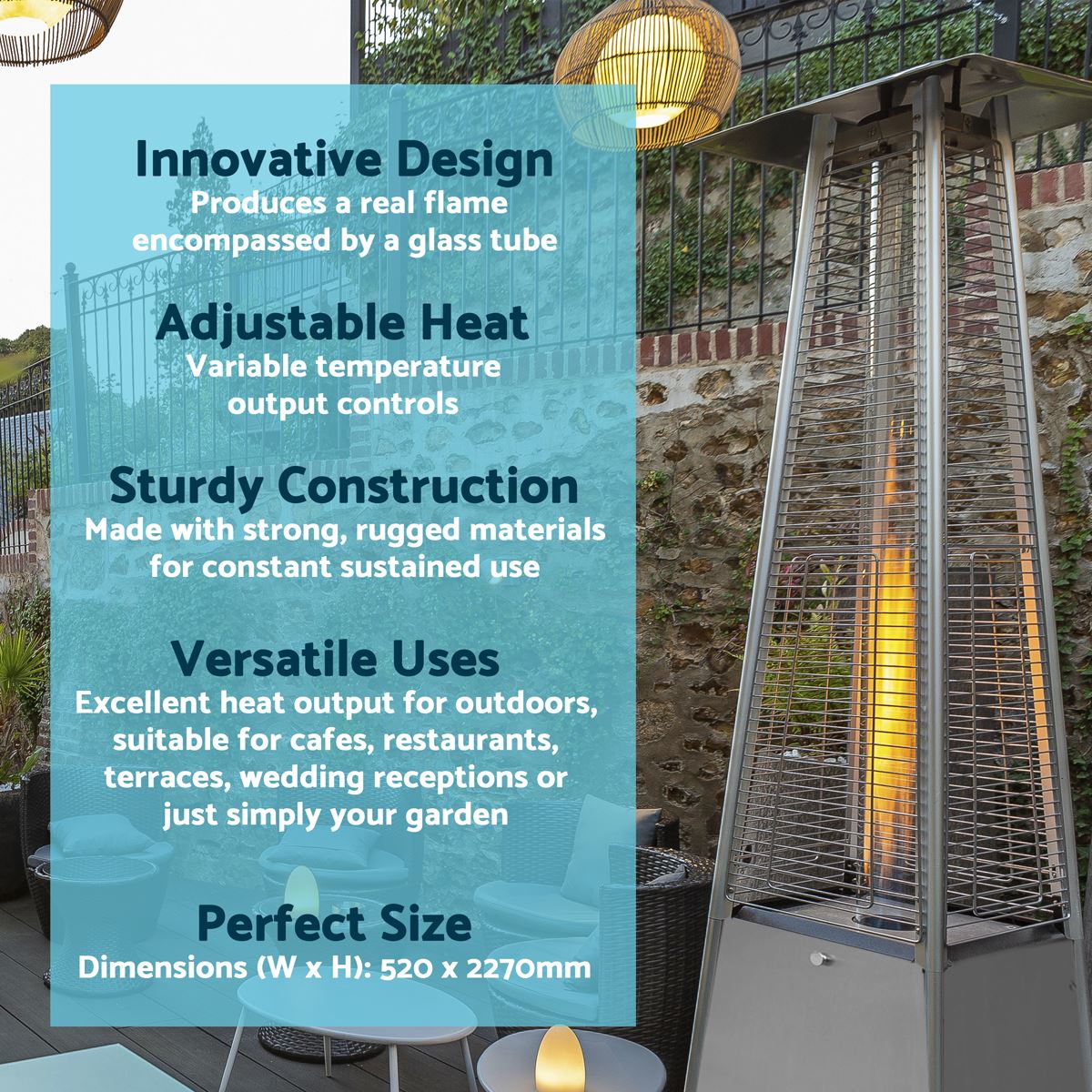 Dellonda DG99 13kW Pyramid Gas Patio Heater 13kW Commercial/Garden Use - Stainless Steel | Tip-Over Switch, Adjustable | Innovative design of Gas