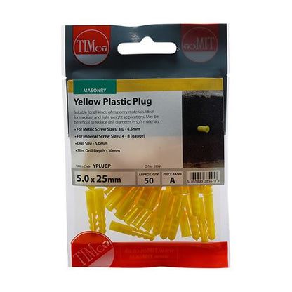 TIMCO Yellow Plastic Plug 25mm Yellow Pack 50