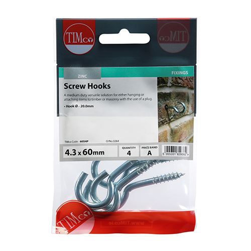 TIMCO Screw Hooks - BZP 60mm Silver Pack 4