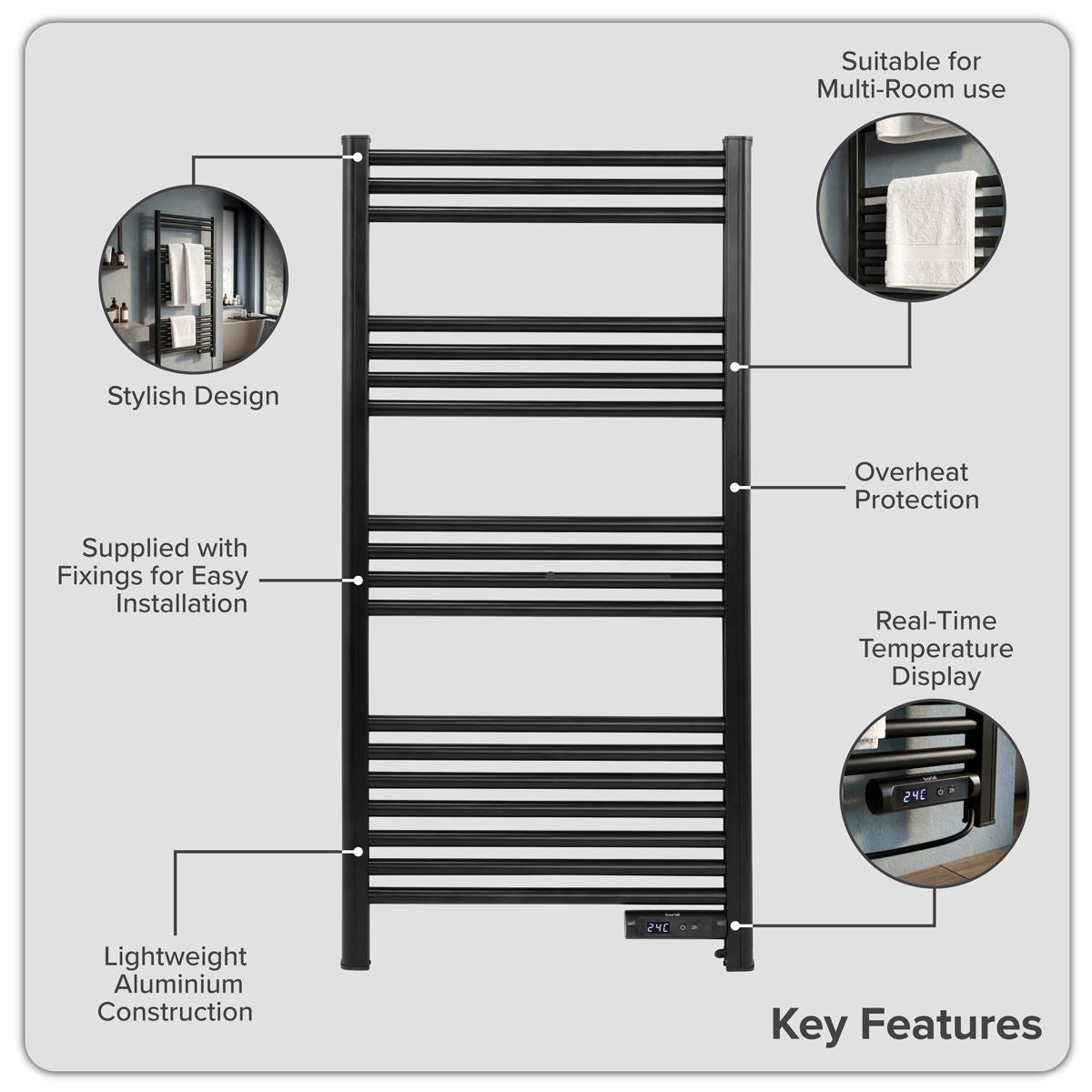 Baridi DH371 Electric Heated Towel Rail 1085 x 535mm with LED Display - Black | 425W, 230V - 50HZ, Overheat Protection | LED temperature display.