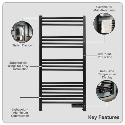 Baridi DH371 Electric Heated Towel Rail 1085 x 535mm with LED Display - Black | 425W, 230V - 50HZ, Overheat Protection | LED temperature display.