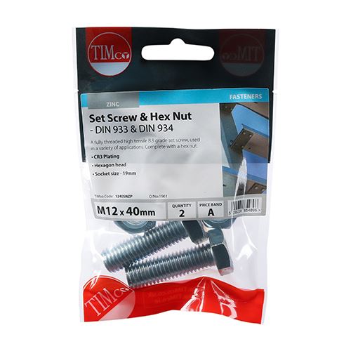 TIMCO Set Screw & Hex Nut - BZP M12 x 40 Silver Pack 2