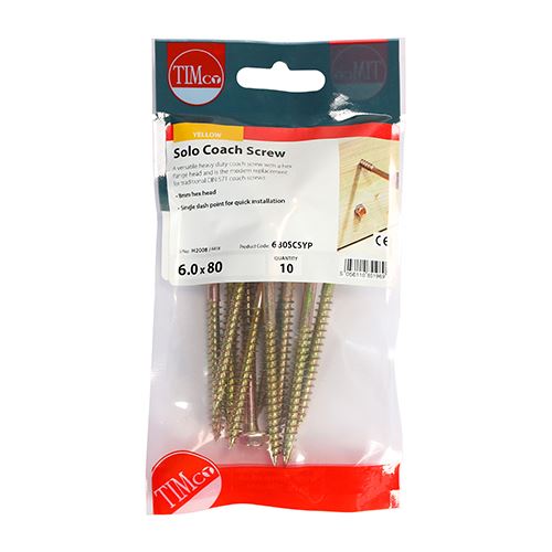 TIMCO Solo Coach Screw ZYP 6.0 x 80 Gold Pack 10