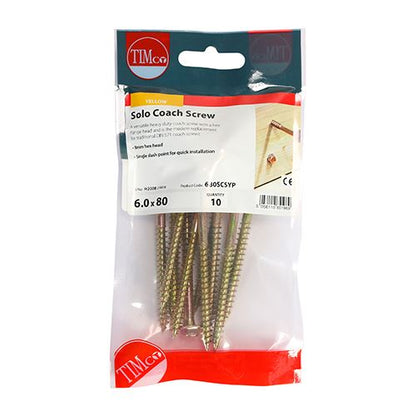 TIMCO Solo Coach Screw ZYP 6.0 x 80 Gold Pack 10