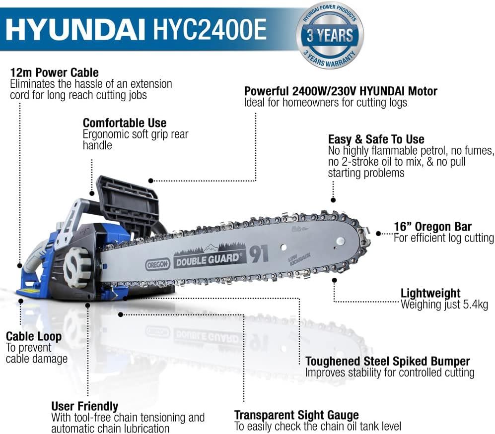 Hyundai HYC2400E Electric Chainsaw 2400W 16in 40cm Bar 15m/s Chain 230V Corded Garden Saw Tree Log Cutting Garden Saw