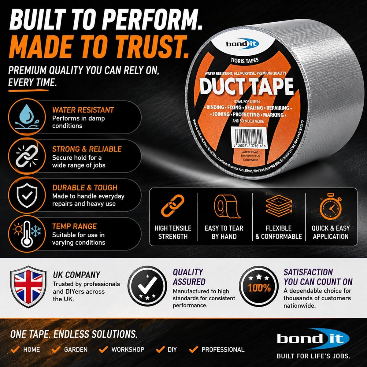 Bond It Duct Tape 48mm x 45m Heavy Duty Water Resistant Black Silver Gaffer Cloth Repair Sealing Tape