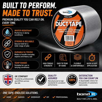 Bond It Duct Tape 48mm x 45m Heavy Duty Water Resistant Black Silver Gaffer Cloth Repair Sealing Tape