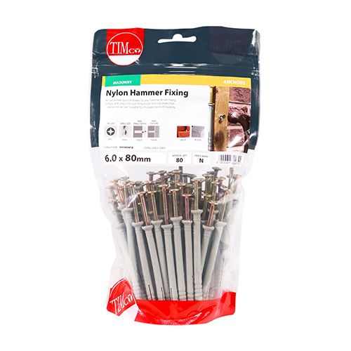 TIMCO Nylon Hammer Fixing - Zinc 6.0 x 80 Pack 80