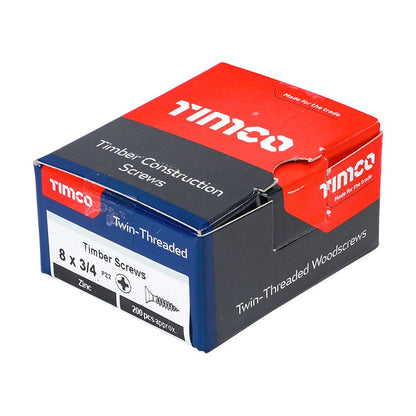 TIMCO Twin Woodscrew PZ2 CSK Zinc 8 x 3/4 Silver Pack 200
